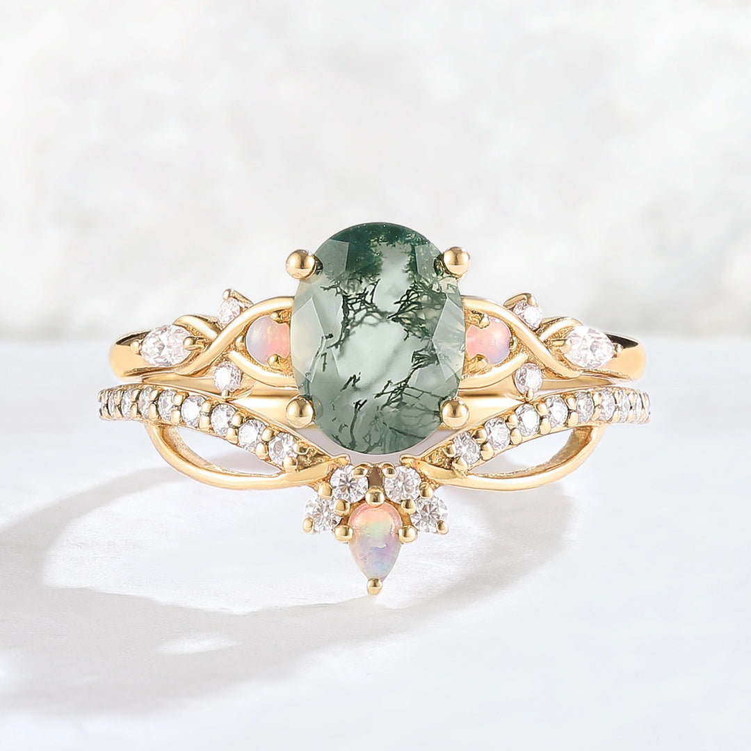 Nature Inspired Oval Cut Moss Agate Vine Twist Gemstone Ring Set 2pcs