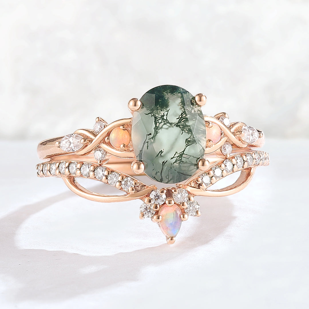 Nature Inspired Oval Cut Moss Agate Vine Twist Gemstone Ring Set 2pcs