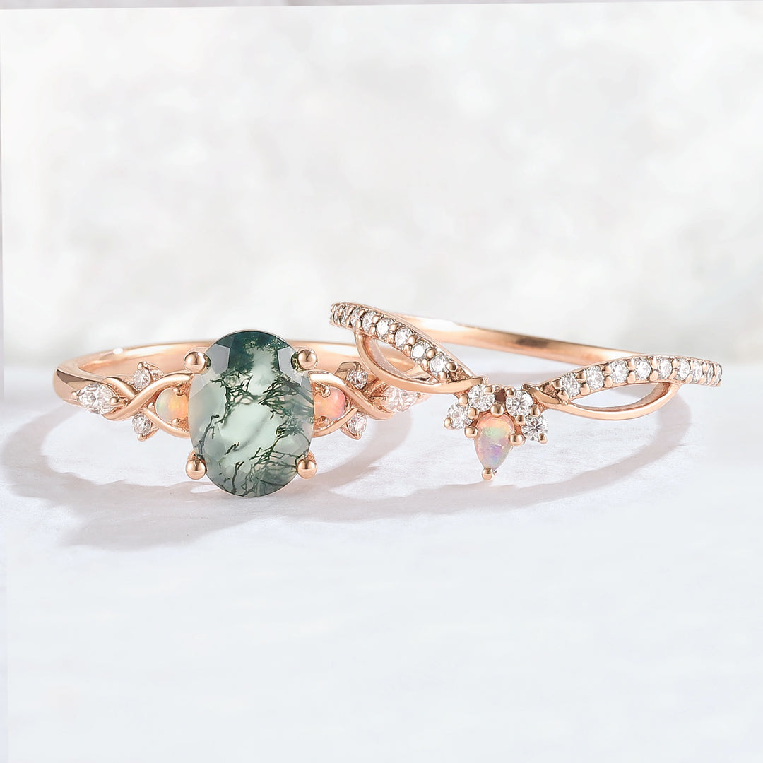 Nature Inspired Oval Cut Moss Agate Vine Twist Gemstone Ring Set 2pcs