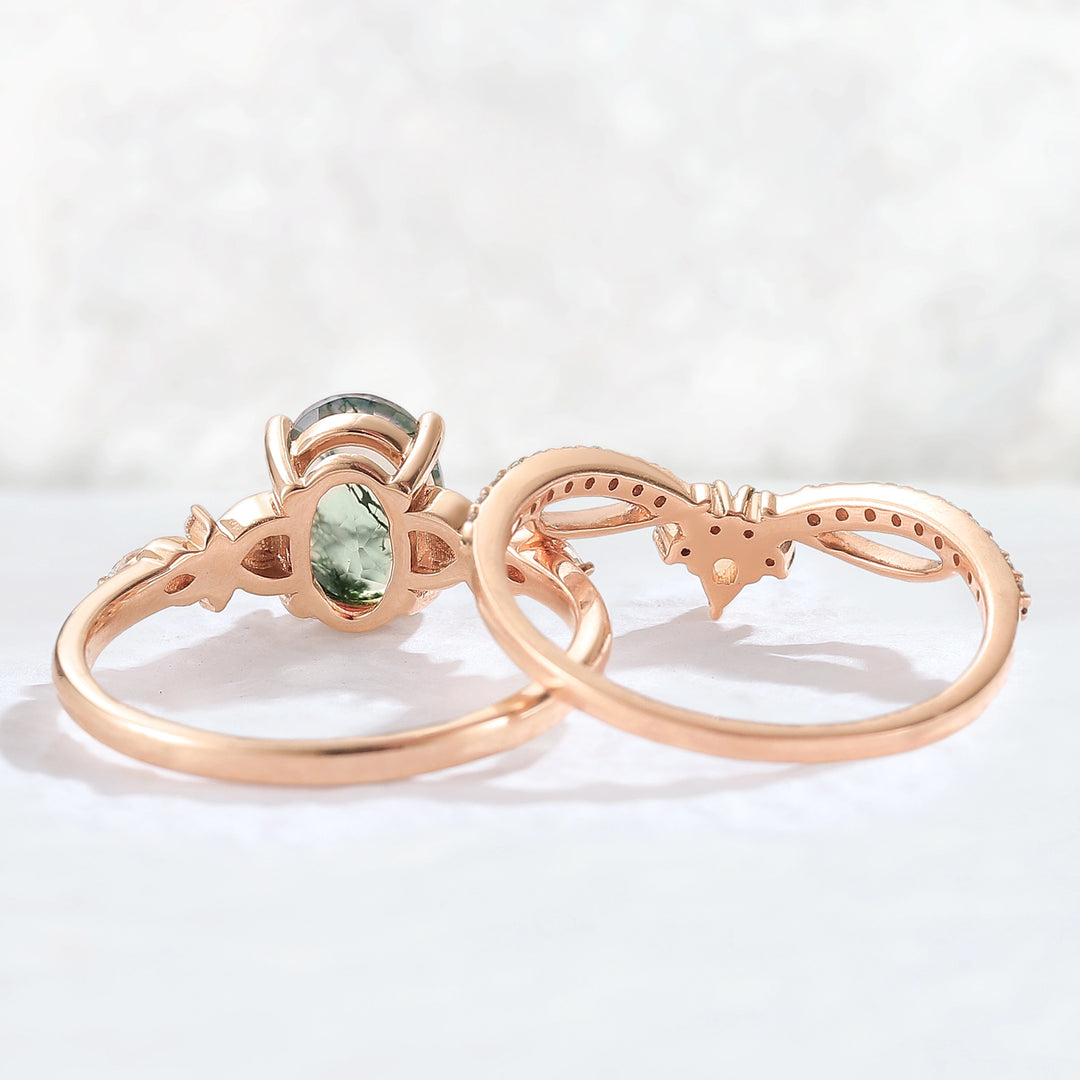 Nature Inspired Oval Cut Moss Agate Vine Twist Gemstone Ring Set 2pcs