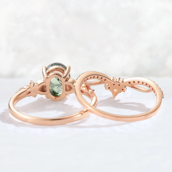 Nature Inspired Oval Cut Moss Agate Vine Twist Gemstone Ring Set 2pcs