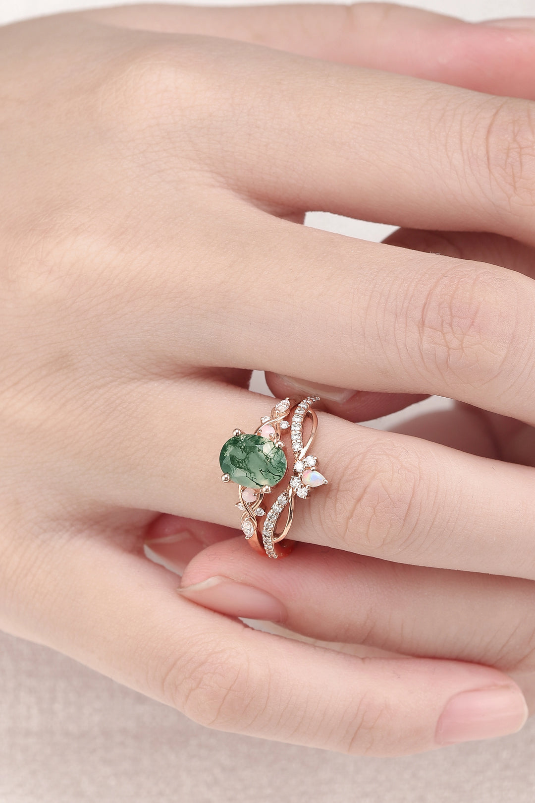 Nature Inspired Oval Cut Moss Agate Vine Twist Gemstone Ring Set 2pcs