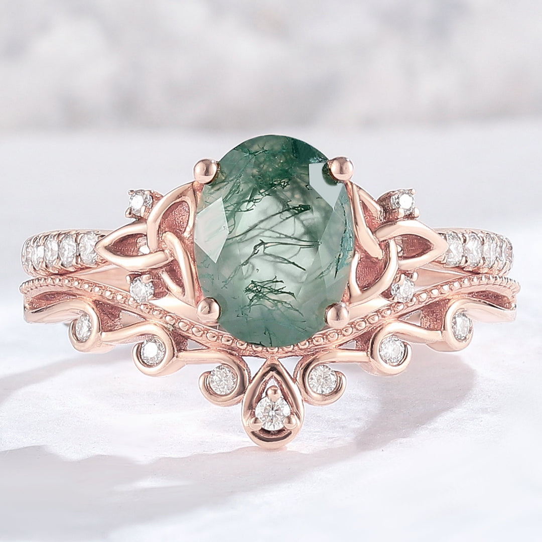 Nature Inspired Oval Cut Moss Agate Vine Twist Ring Set 2pcs