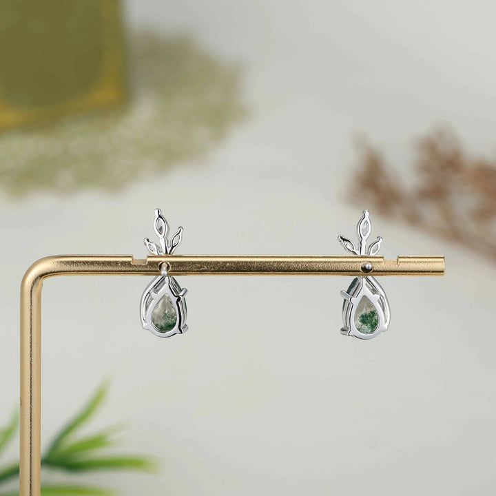 Nature Inspired Pear Cut Moss Agate with Moissanite Leafy Earrings - Ready to Ship