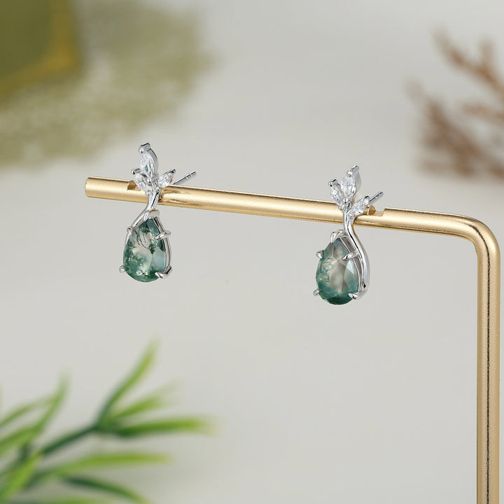 Nature Inspired Pear Cut Moss Agate with Moissanite Leafy Earrings