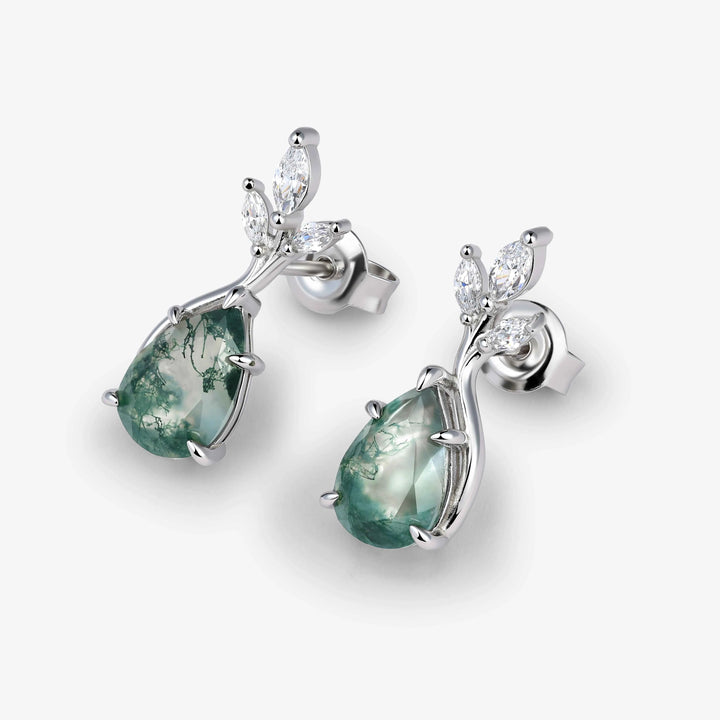 Nature Inspired Pear Cut Moss Agate with Moissanite Leafy Earrings - Ready to Ship