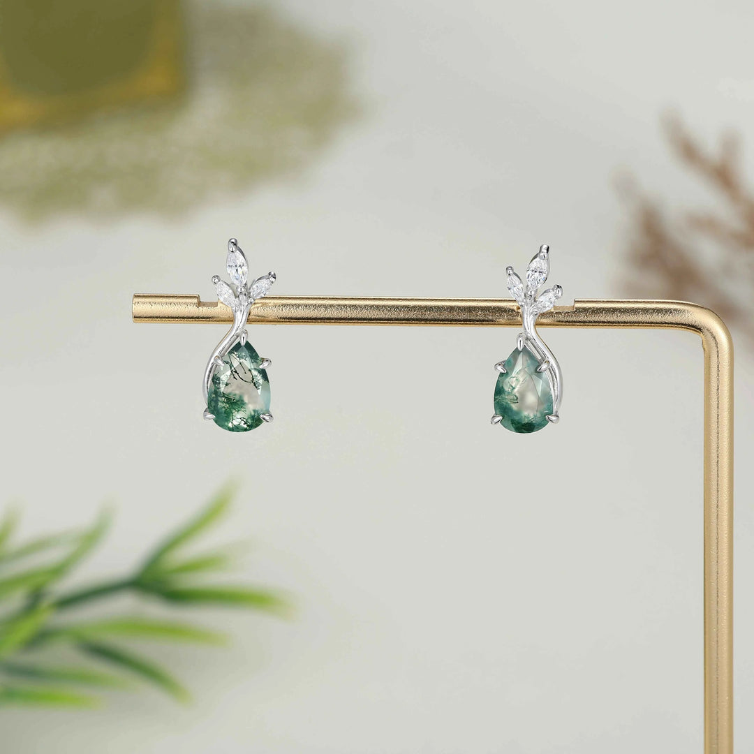 Nature Inspired Pear Cut Moss Agate with Moissanite Leafy Earrings - Ready to Ship