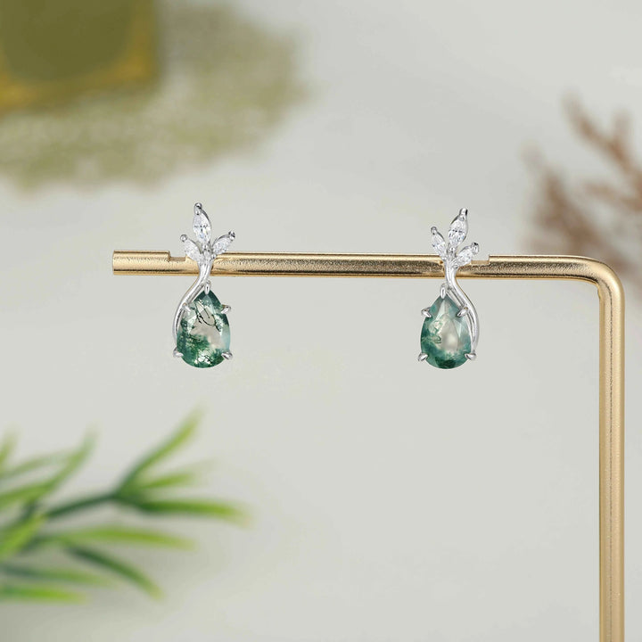 Nature Inspired Pear Cut Moss Agate with Moissanite Leafy Earrings - Ready to Ship