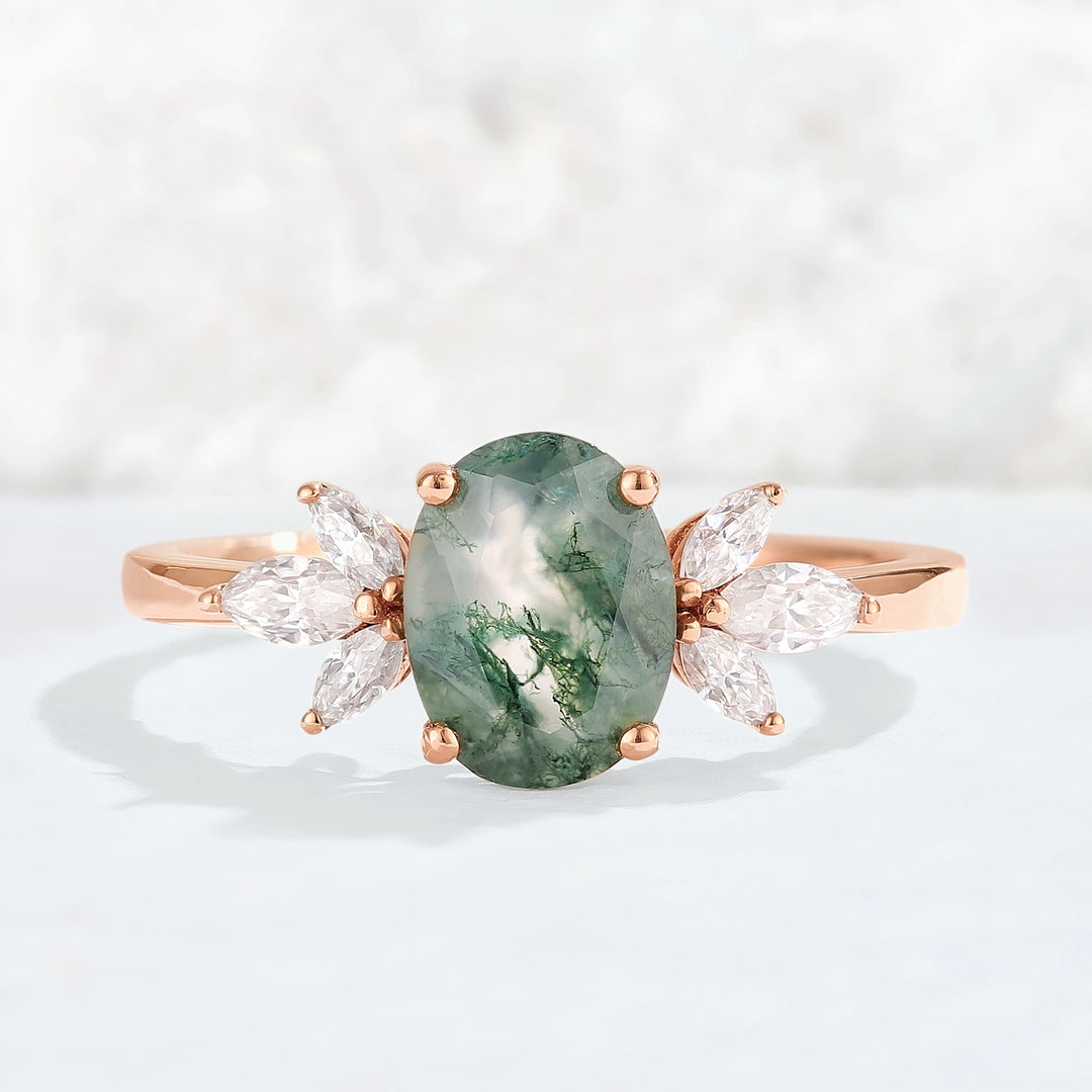 Nature Inspired Oval Cut Moss Agate with Petal Side Gemstone Ring