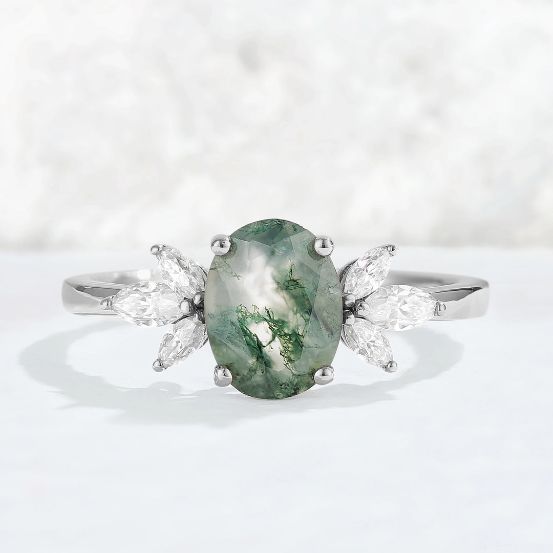 Nature Inspired Oval Cut Moss Agate with Petal Side Gemstone Ring