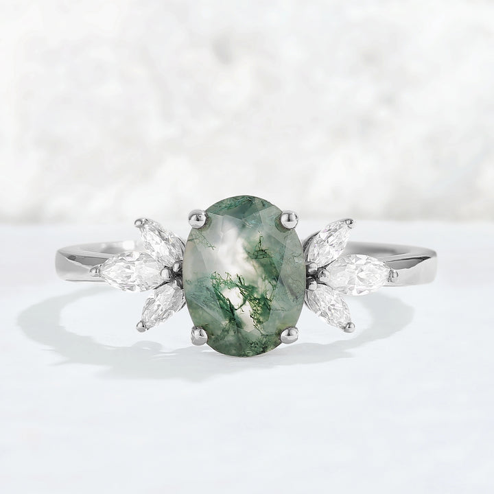 Nature Inspired Oval Cut Moss Agate with Petal Side Gemstone Ring