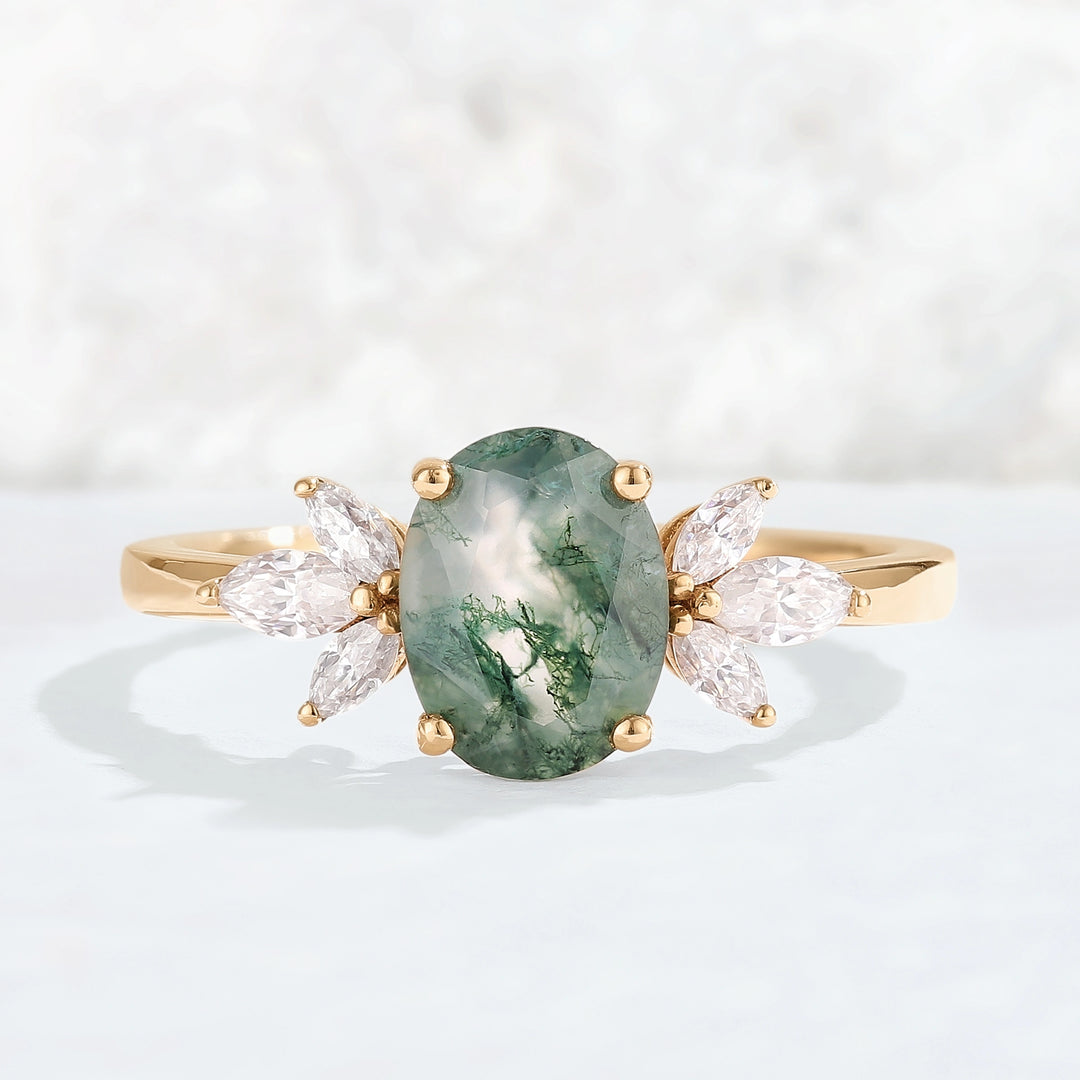 Nature Inspired Oval Cut Moss Agate with Petal Side Gemstone Ring