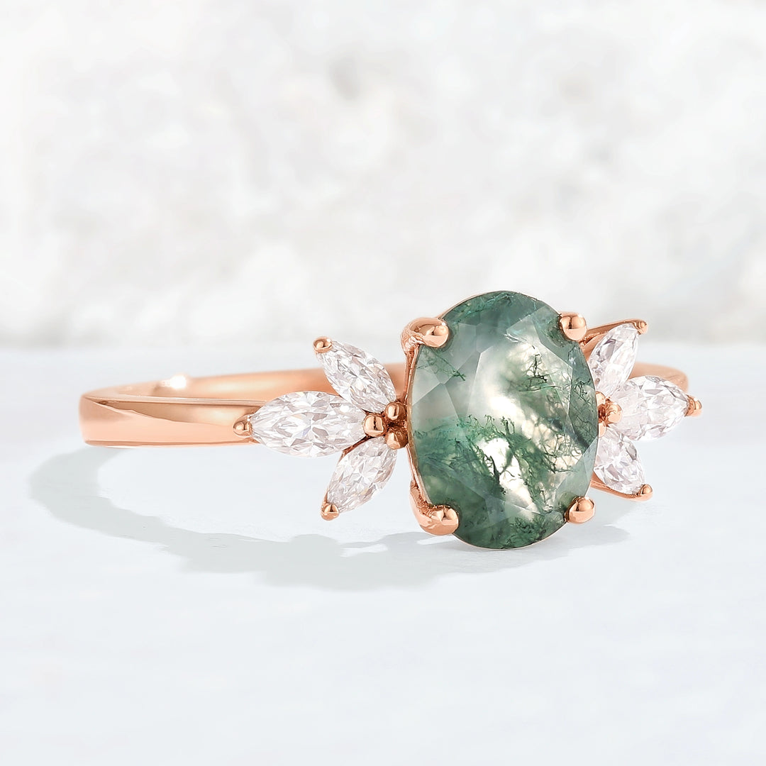 Nature Inspired Oval Cut Moss Agate with Petal Side Gemstone Ring