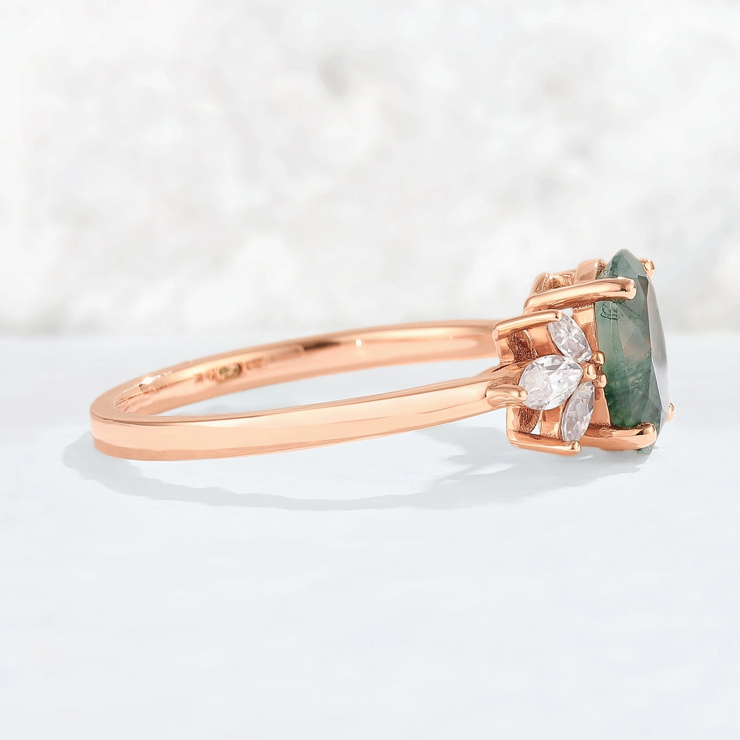 Nature Inspired Oval Cut Moss Agate with Petal Side Gemstone Ring