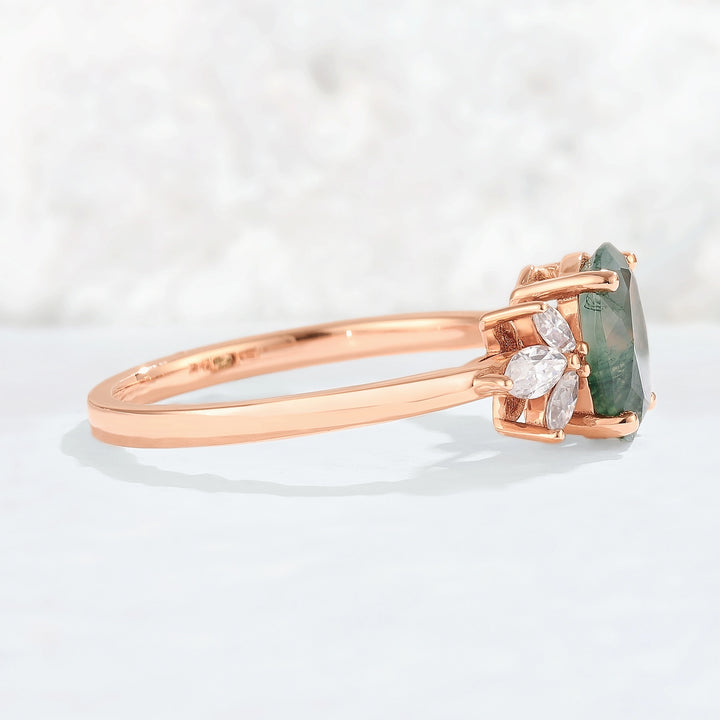Nature Inspired Oval Cut Moss Agate with Petal Side Gemstone Ring