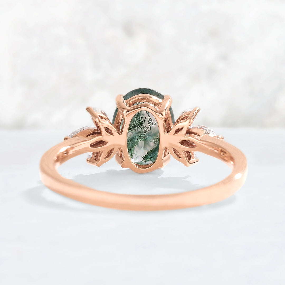 Nature Inspired Oval Cut Moss Agate with Petal Side Gemstone Ring