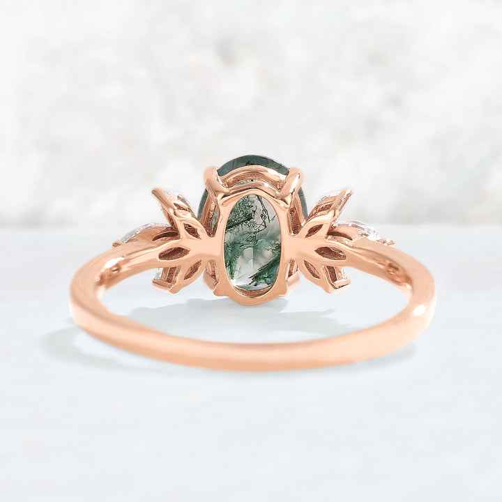 Nature Inspired Oval Cut Moss Agate with Petal Side Gemstone Ring