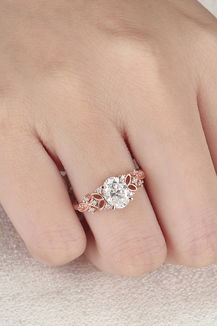 Nature Inspired Oval Moissanite Petal Shape Gemstone Ring