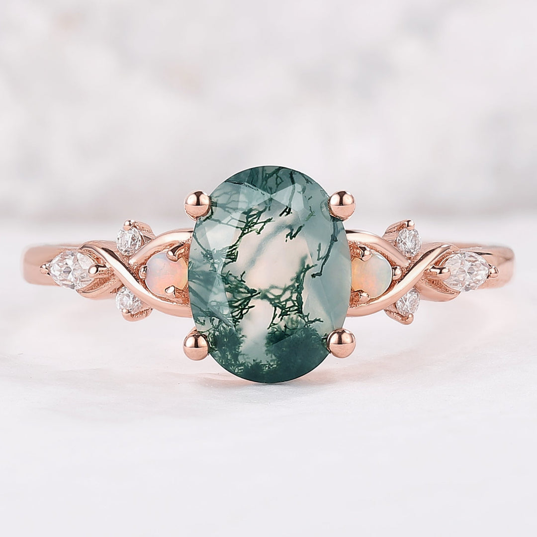 Nature Oval Shaped Moss Agate Vine Engagement Ring