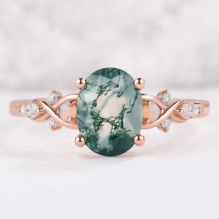 Nature Oval Shaped Moss Agate Vine Engagement Ring