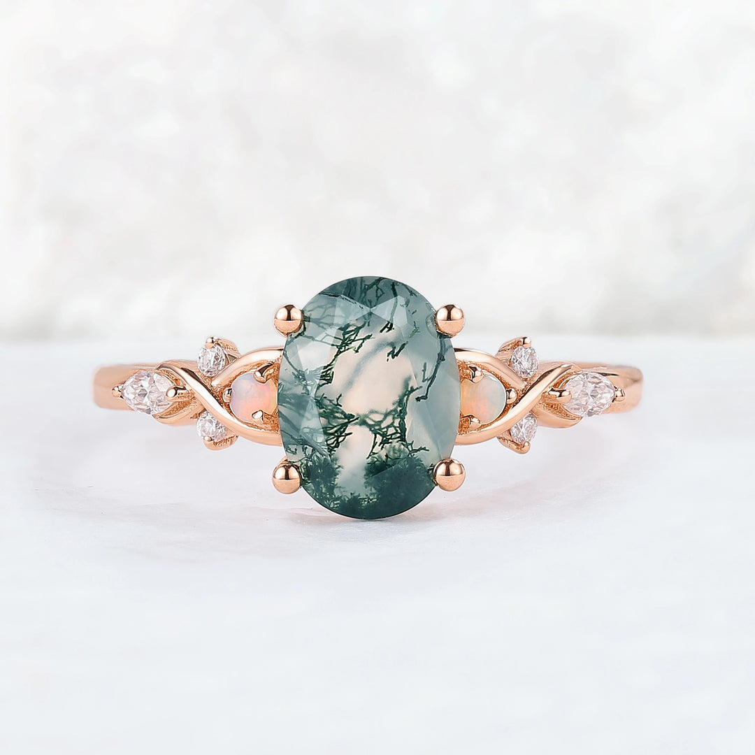 Nature Inspired Oval Moss Agate Vine Twisted Gemstone Ring