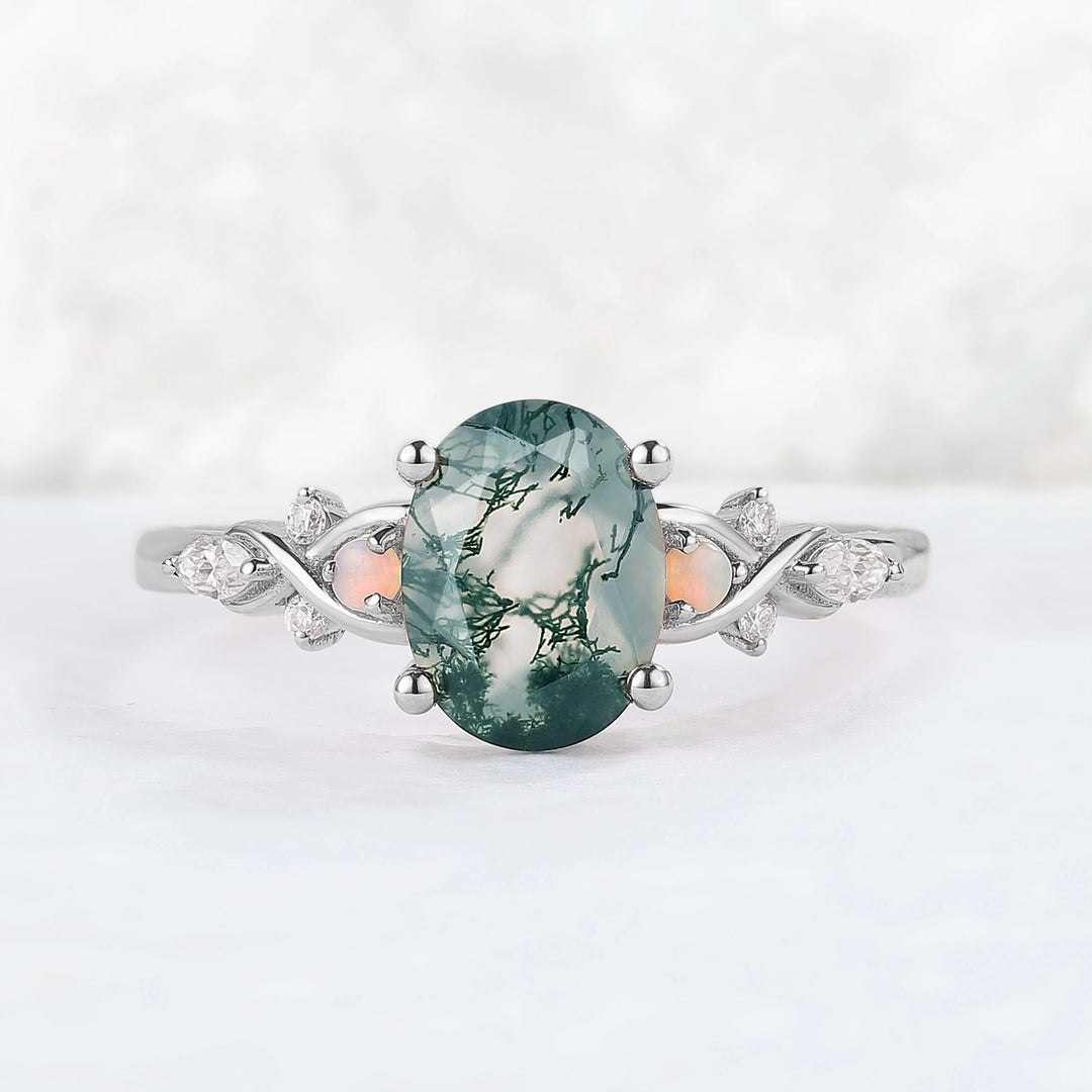 Nature Inspired Oval Moss Agate Vine Twisted Gemstone Ring