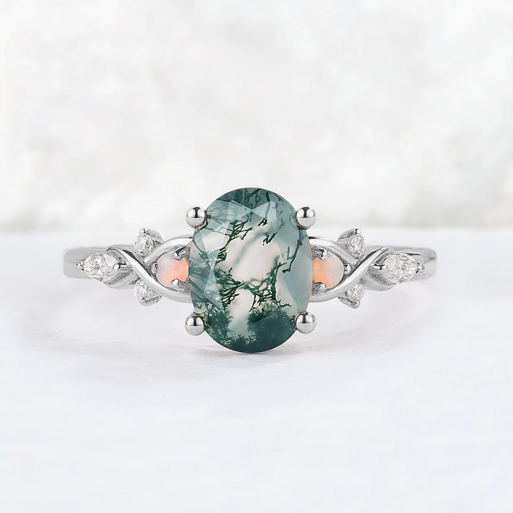 Nature Inspired Oval Moss Agate Vine Twisted Gemstone Ring