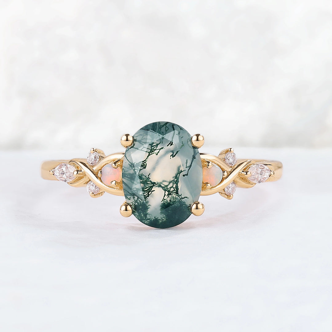 Nature Inspired Oval Moss Agate Vine Twisted Gemstone Ring