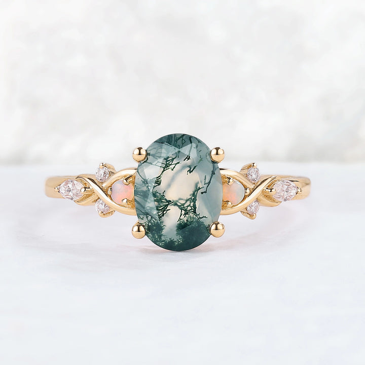 Nature Inspired Oval Moss Agate Vine Twisted Gemstone Ring