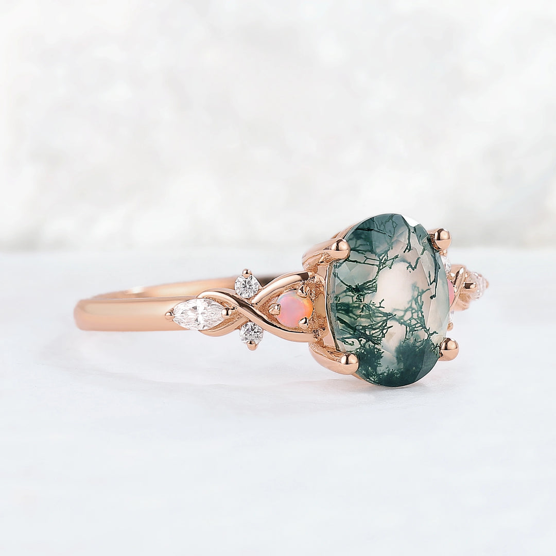 Nature Inspired Oval Moss Agate Vine Twisted Gemstone Ring