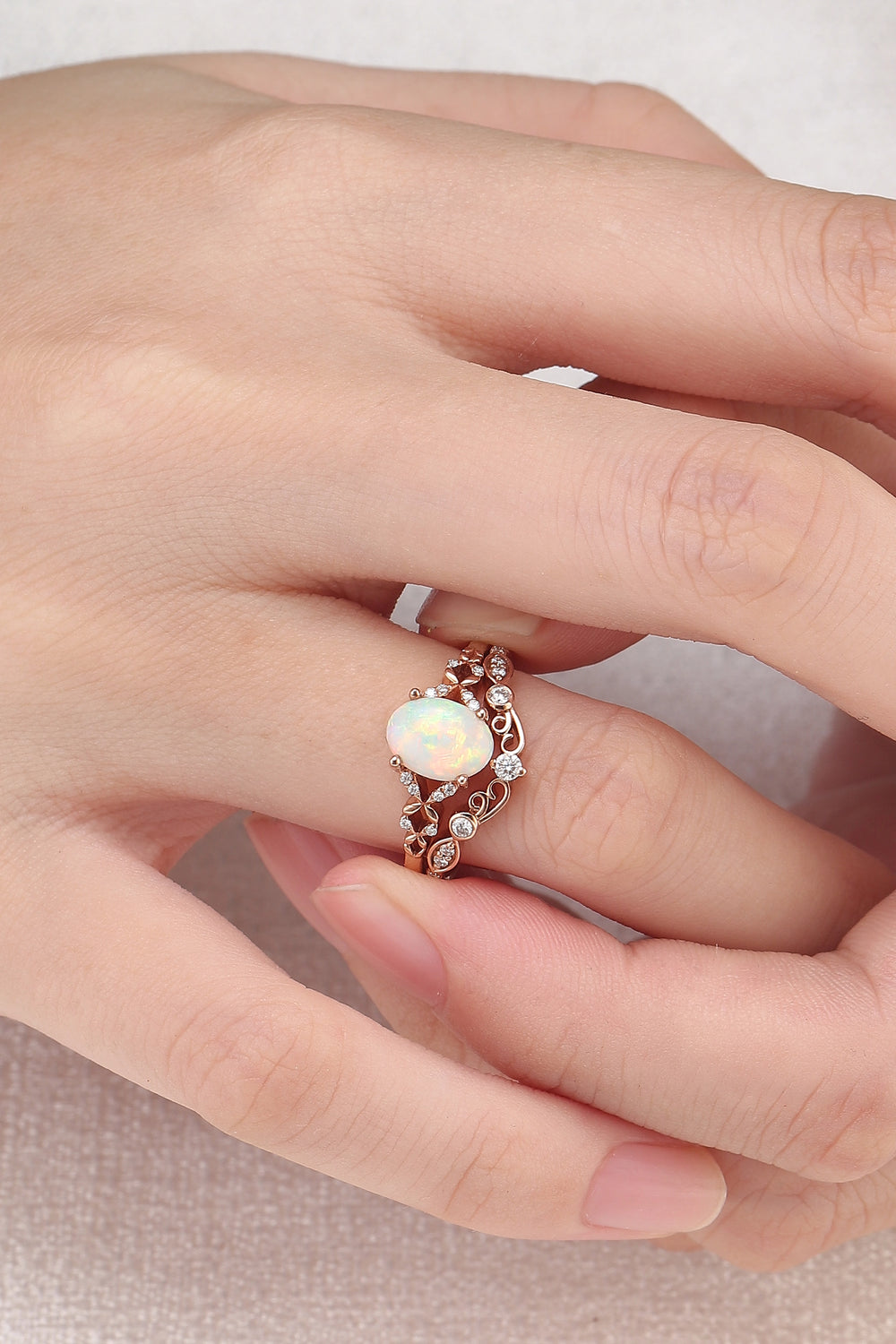Nature Inspired Oval Natural Opal Ring Set 2pcs