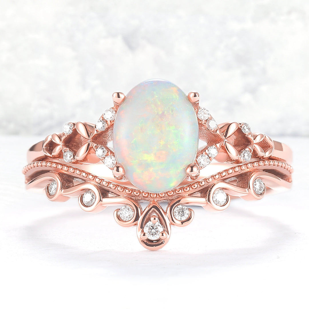 Nature Inspired Oval Natural Opal Ring Set 2pcs