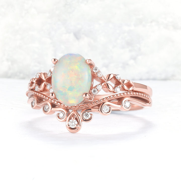 Nature Inspired Oval Natural Opal Ring Set 2pcs