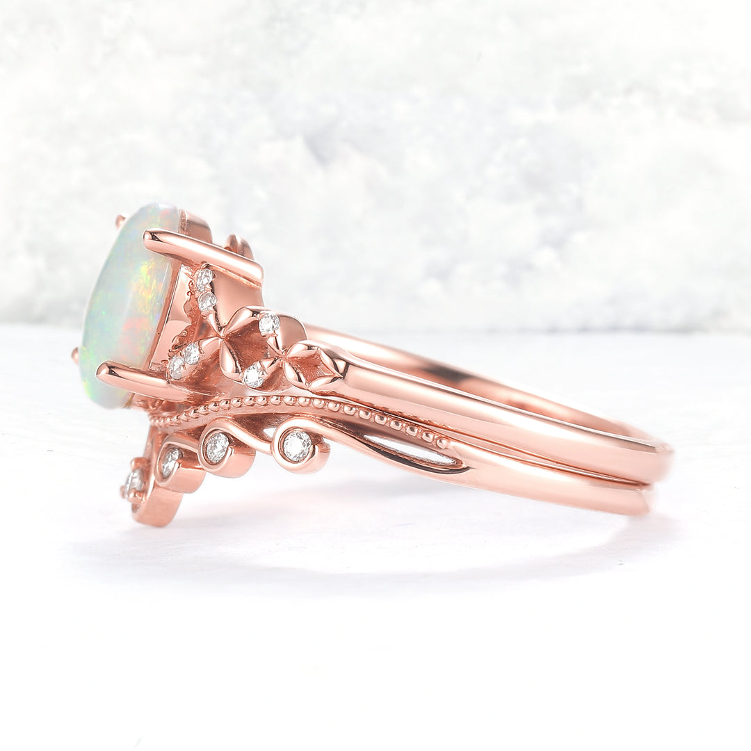 Nature Inspired Oval Natural Opal Ring Set 2pcs