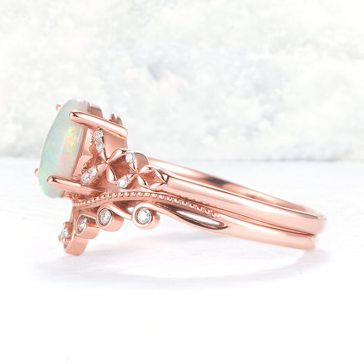 Nature Inspired Oval Natural Opal Ring Set 2pcs