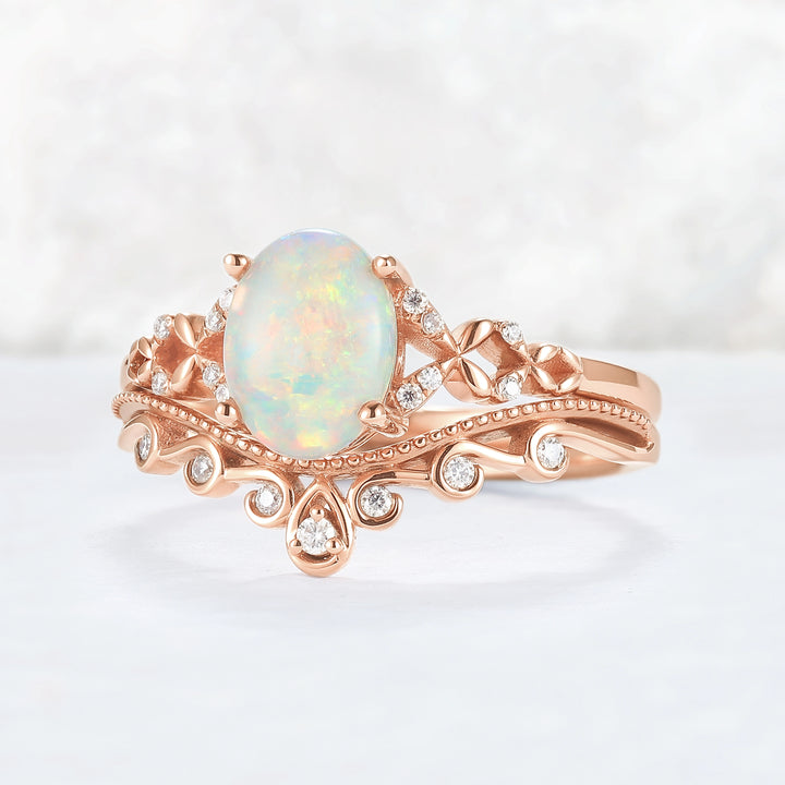 Nature Inspired Oval Natural Opal Ring Set 2pcs