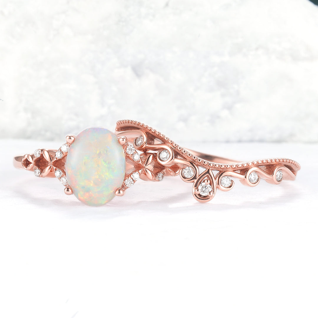 Nature Inspired Oval Natural Opal Ring Set 2pcs