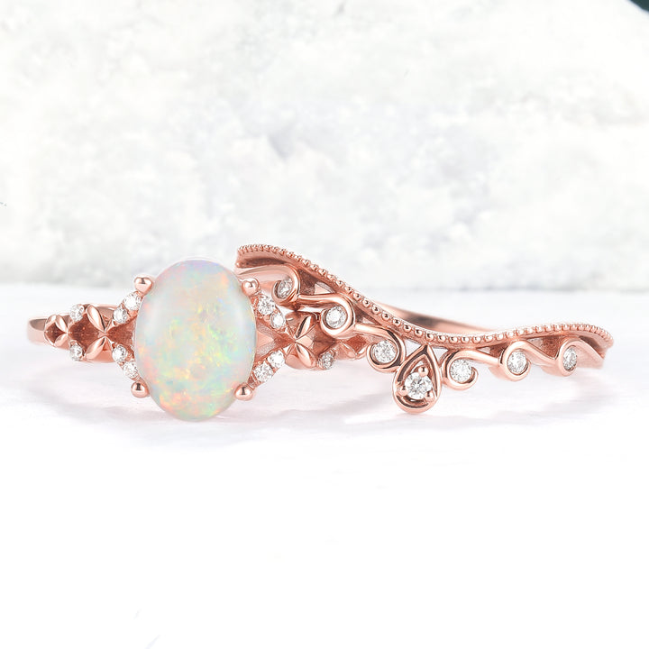 Nature Inspired Oval Natural Opal Ring Set 2pcs