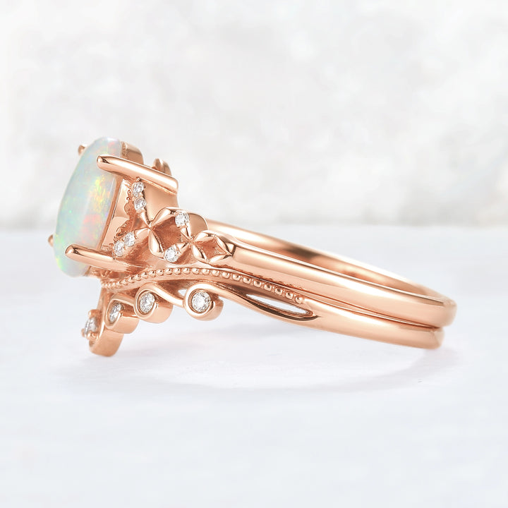 Nature Inspired Oval Natural Opal Ring Set 2pcs