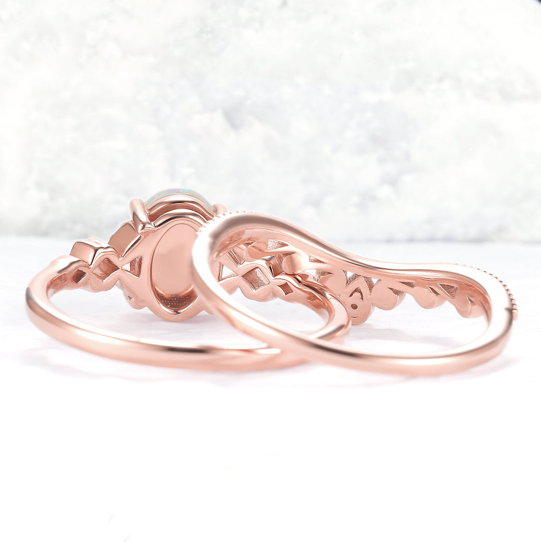 Nature Inspired Oval Natural Opal Ring Set 2pcs