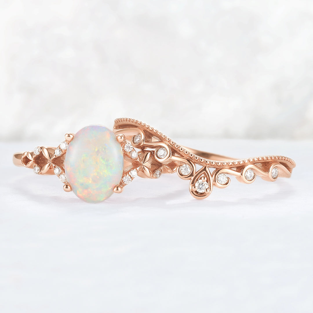 Nature Inspired Oval Natural Opal Ring Set 2pcs