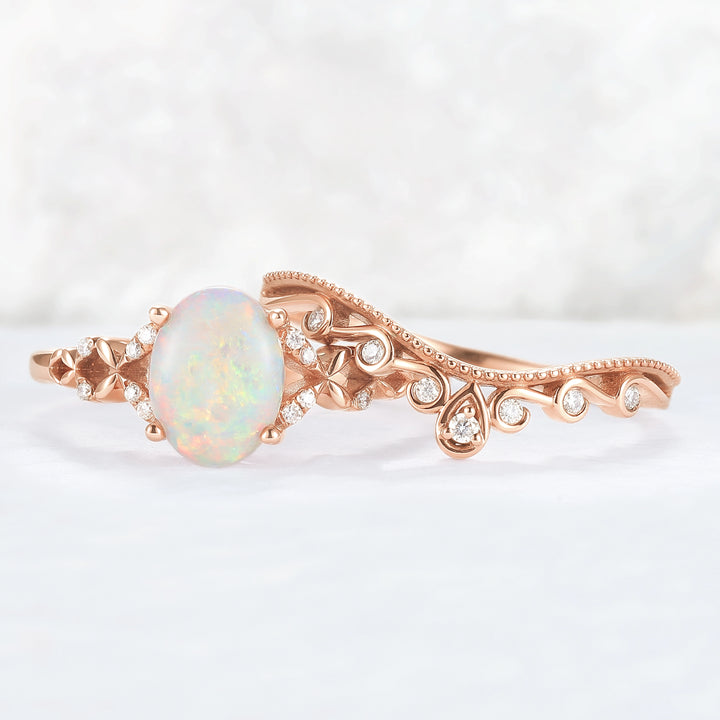 Nature Inspired Oval Natural Opal Ring Set 2pcs