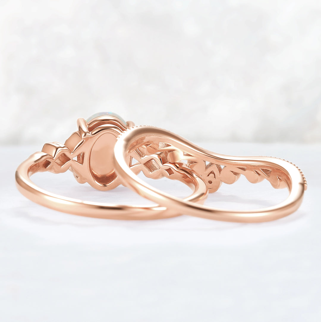 Nature Inspired Oval Natural Opal Ring Set 2pcs