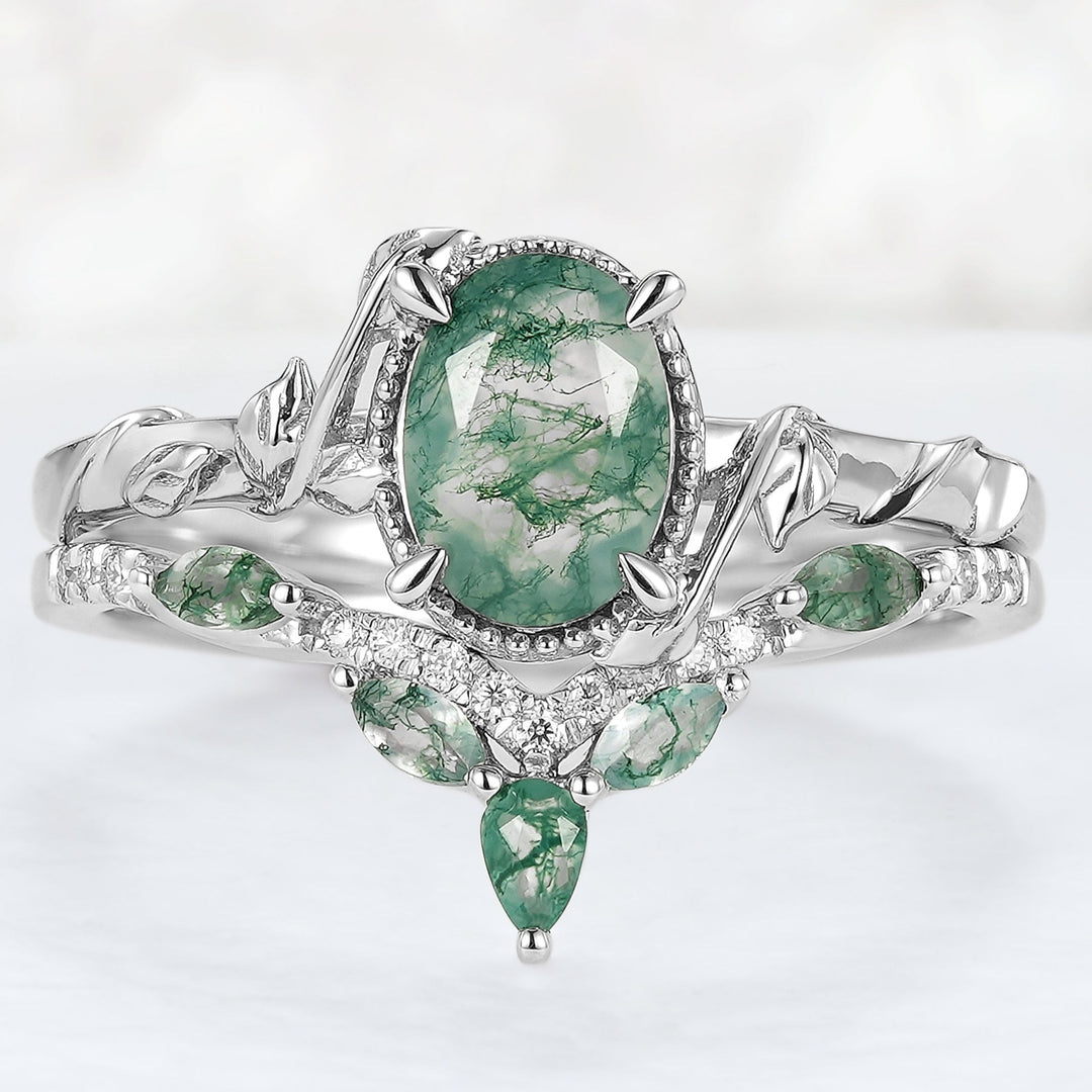 Nature Inspired Oval Shaped Moss Agate Leaf Engagement Ring Set 2pcs