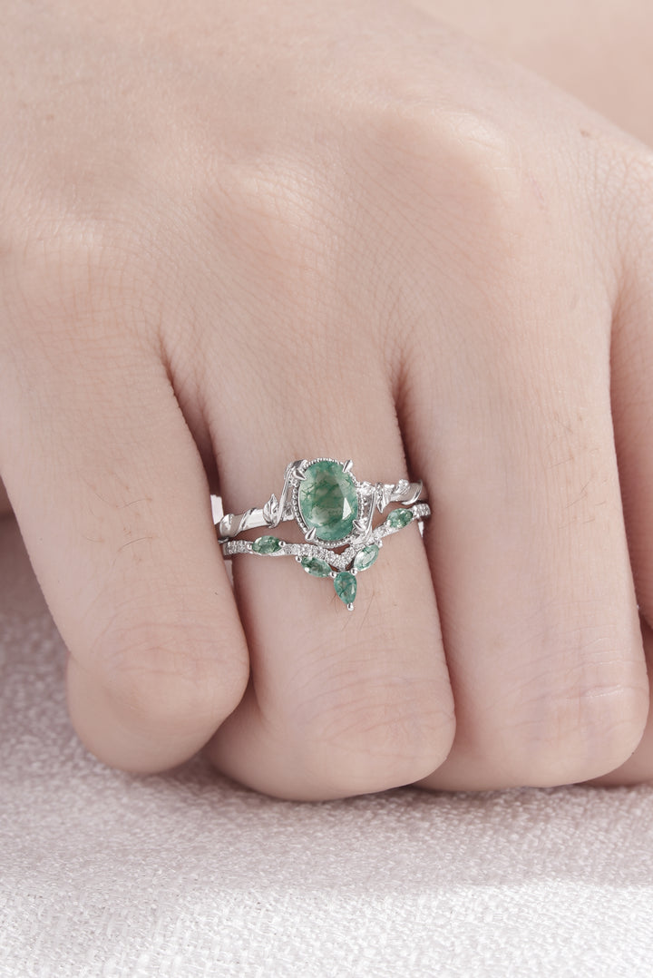 Nature Oval Shaped Moss Agate Leaf Engagement Ring Set 2pcs