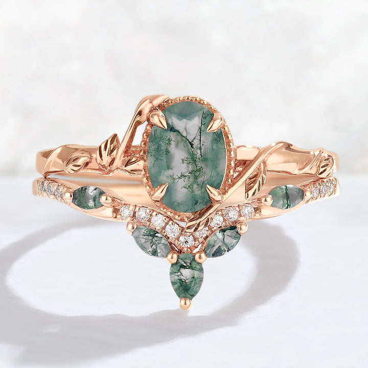 Nature Inspired Oval Shaped Moss Agate Leaf Gemstone Ring Set 2pcs