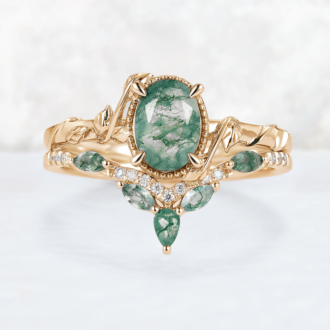 Nature Inspired Oval Shaped Moss Agate Leaf Gemstone Ring Set 2pcs