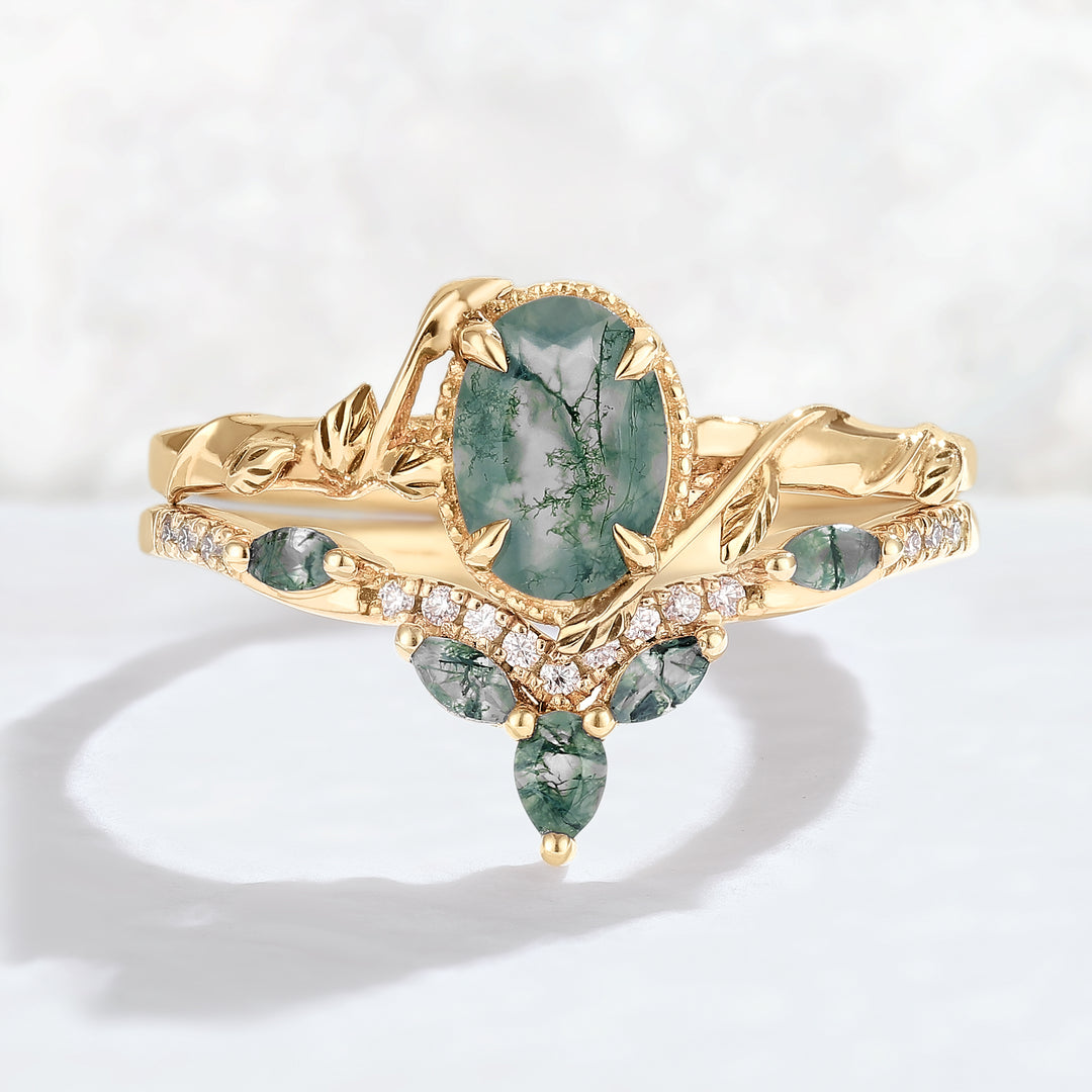 Nature Inspired Oval Shaped Moss Agate Leaf Gemstone Ring Set 2pcs