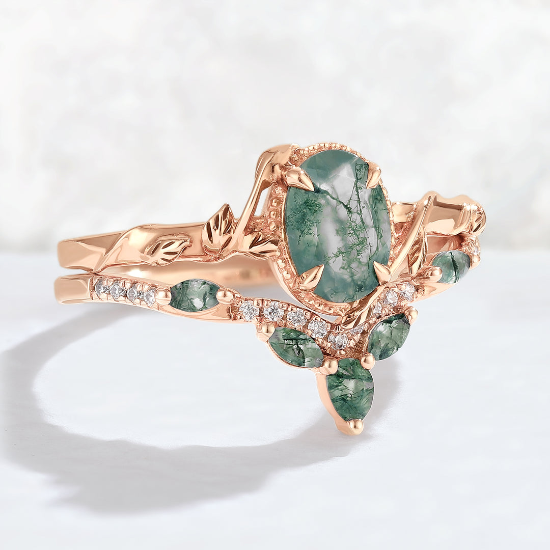 Nature Inspired Oval Shaped Moss Agate Leaf Gemstone Ring Set 2pcs