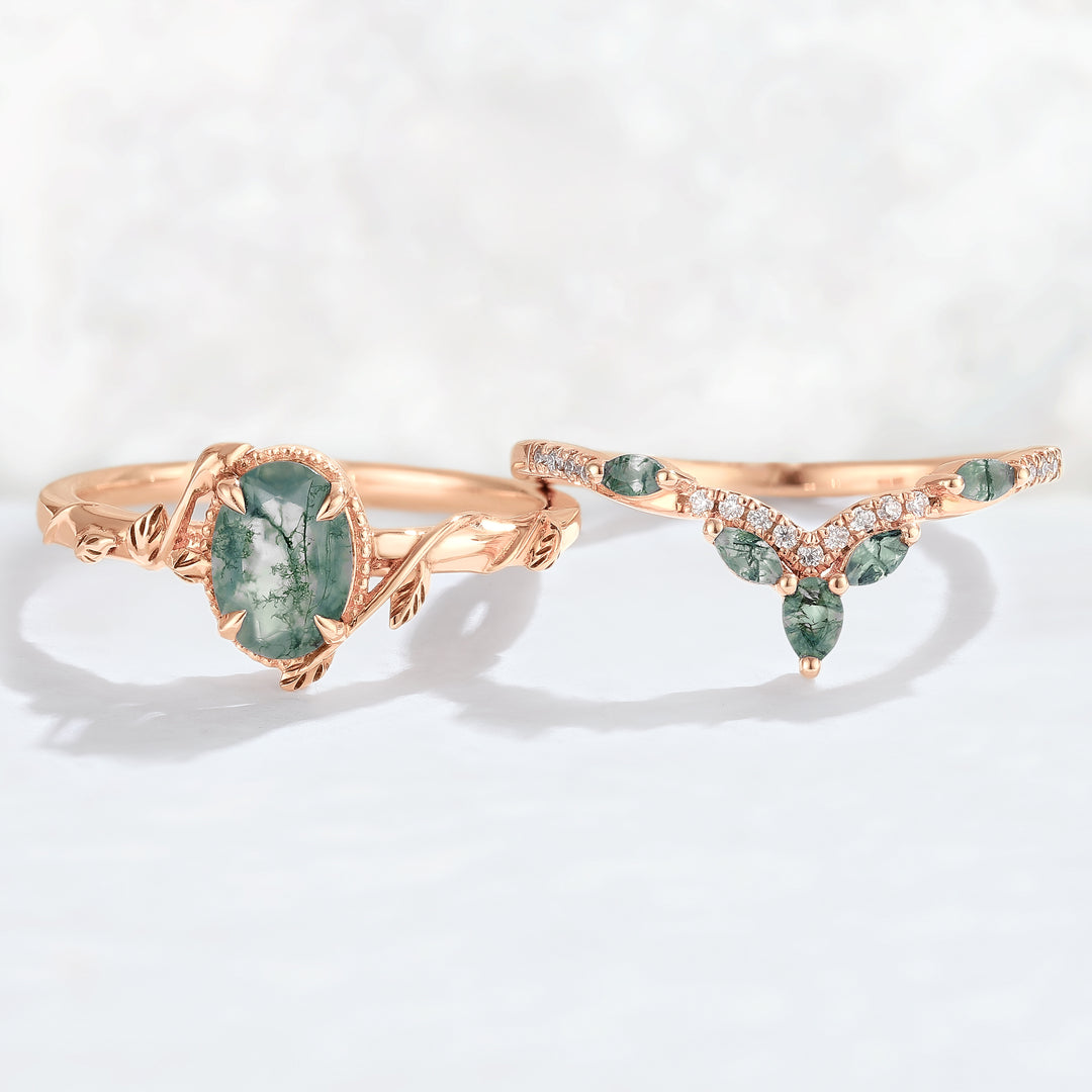 Nature Inspired Oval Shaped Moss Agate Leaf Gemstone Ring Set 2pcs